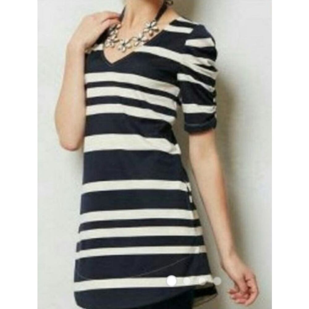 Anthropologie Deletta Navy White Stripe Puff Sleeves Casual Short Mini Dress XS